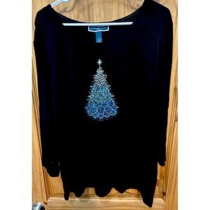 Karen Scott Woman 1X Black Rhinestone Christmas Tree 3/4 Sleeve Cotton Top